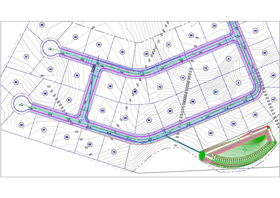 Topographic survey drawing sample with contours, spot elevations and site features